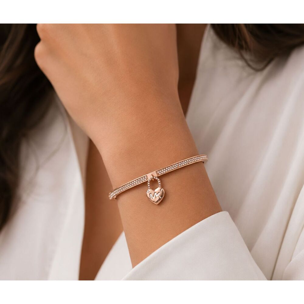 Michael Kors Bracelet Rose Gold Logo Love Heart Charm Rhinestone Hinge Bangle